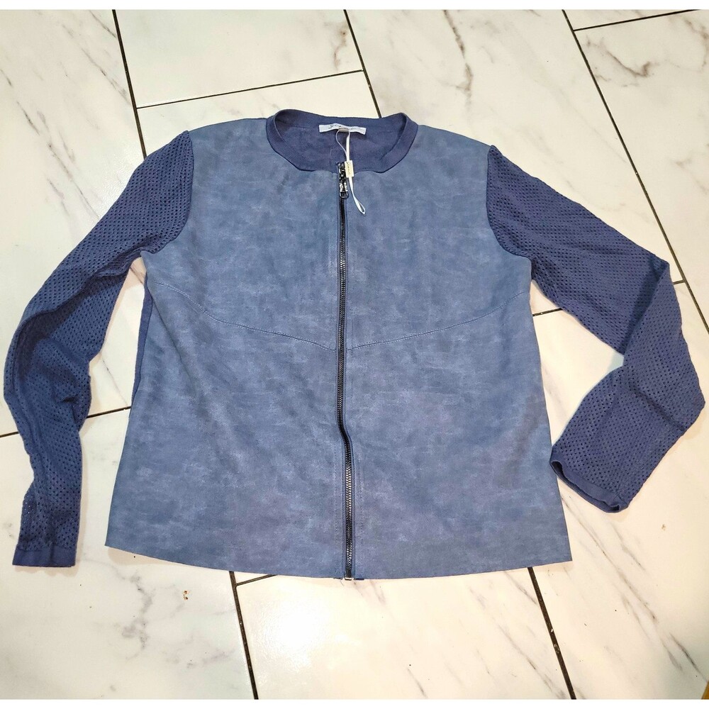 Sioni Milano Women’s Blue Solid Full Zip soft Knit Sleeve Short Jacket Size M